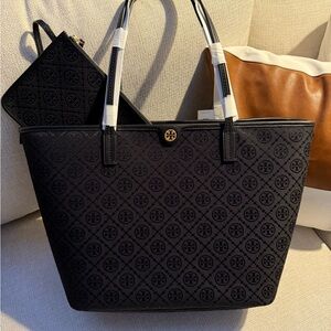 Tory Burch Black Patterned Tote with Pouch